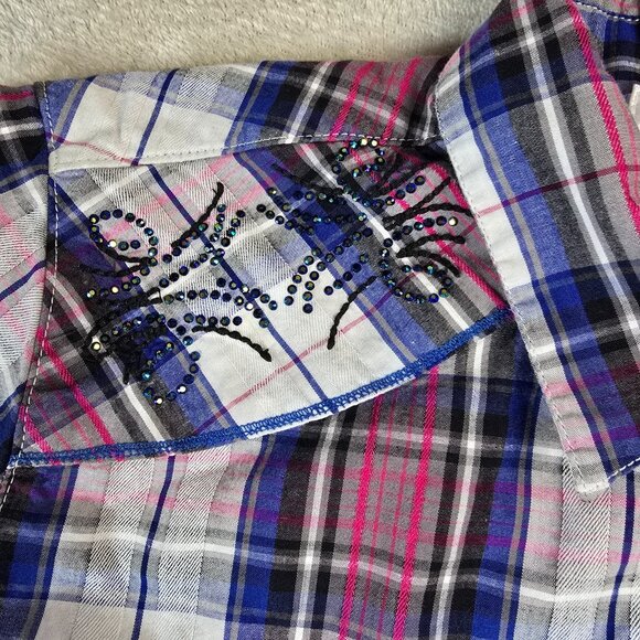 Adiktd Western Top Womens Medium Pink Blue Plaid Embellished Rhinestone Yoke - Picture 2 of 16